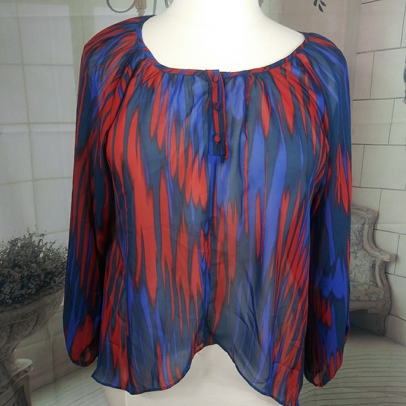 Kenar Tops - ❤4 FOR $15❤ Kenar Red & Blue Sheer Peasant Blouse Kenar Tops - ❤4 FOR $15❤ Kenar Red & Blue Sheer Peasant Blouse